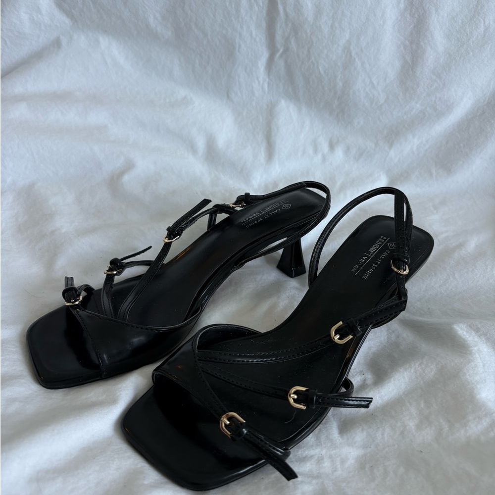 Call It Spring Black Slingback Heel Sandals with Gold Hardware